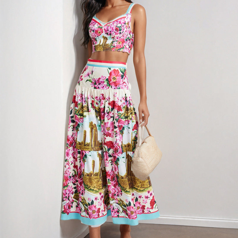 Damen Zweiteiliges Sommeroutfit mit floralem Bustier und schwingendem Rock WW