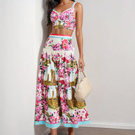 Damen Zweiteiliges Sommeroutfit mit floralem Bustier und schwingendem Rock WW