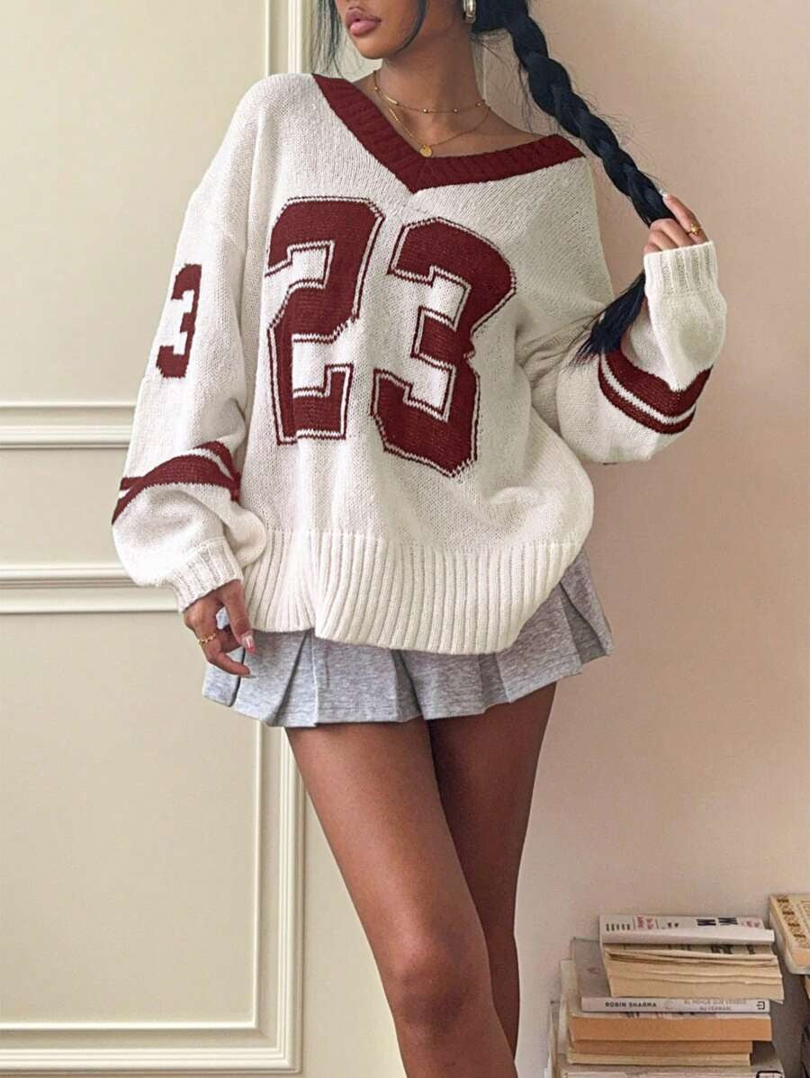 Damen Sportlicher V-Ausschnitt Pullover im lässigen College-Stil WW