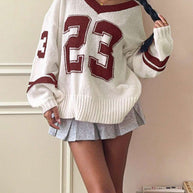 Damen Sportlicher V-Ausschnitt Pullover im lässigen College-Stil WW