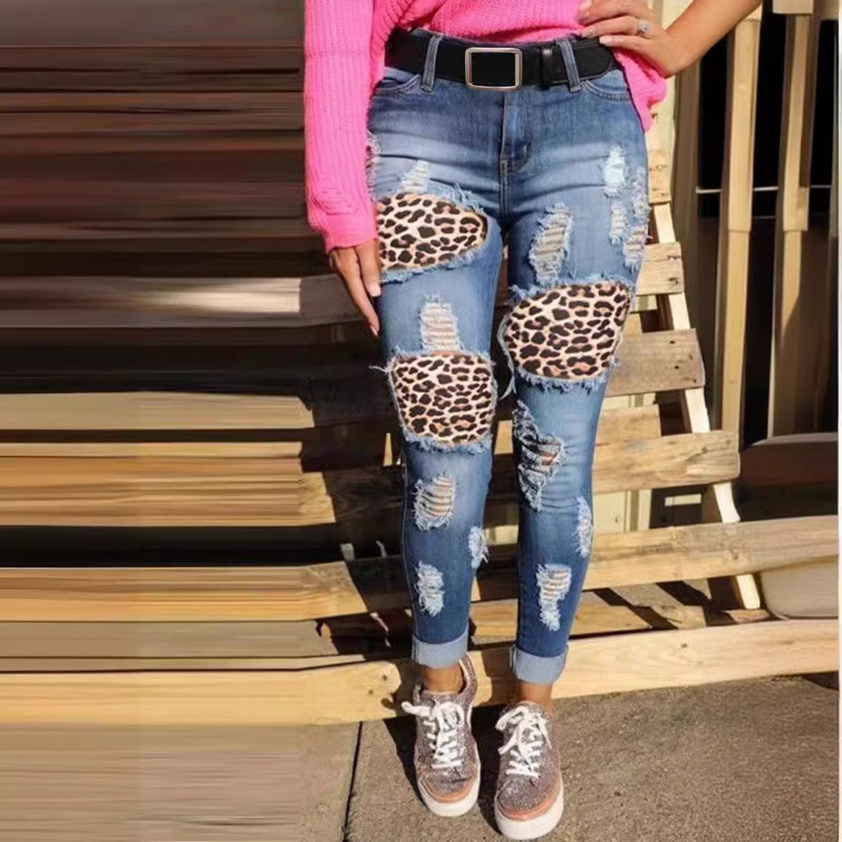 Damen skinny Jeans mit Leoparden-Patch und Vintage-Effekten WW