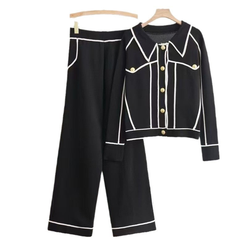 Damen stilvolles Freizeitanzug-Set mit kontrastierendem Knopfdesign WW