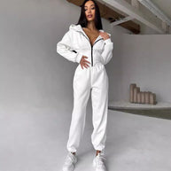 Damen sportlicher Jumpsuit mit Reißverschluss und Kapuze WW
