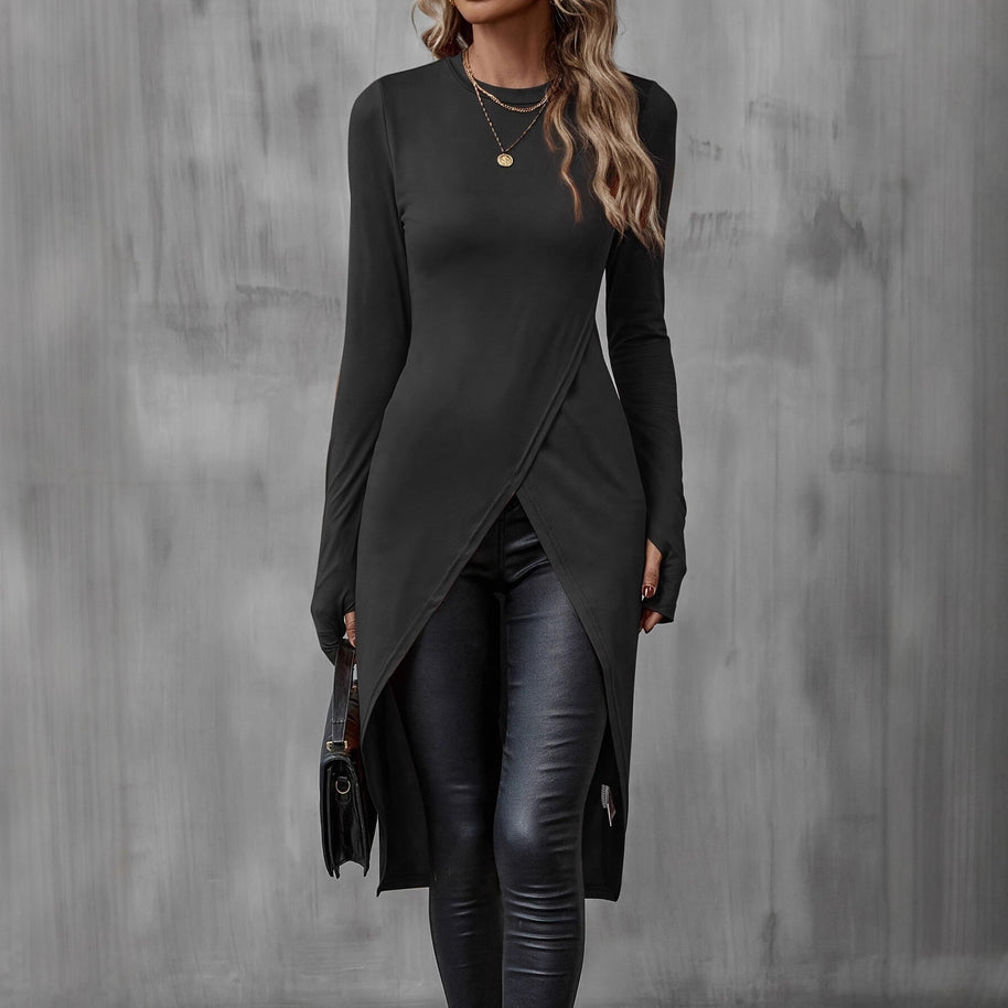 Damen asymmetrisches Longshirt mit eleganter Wickeloptik WW