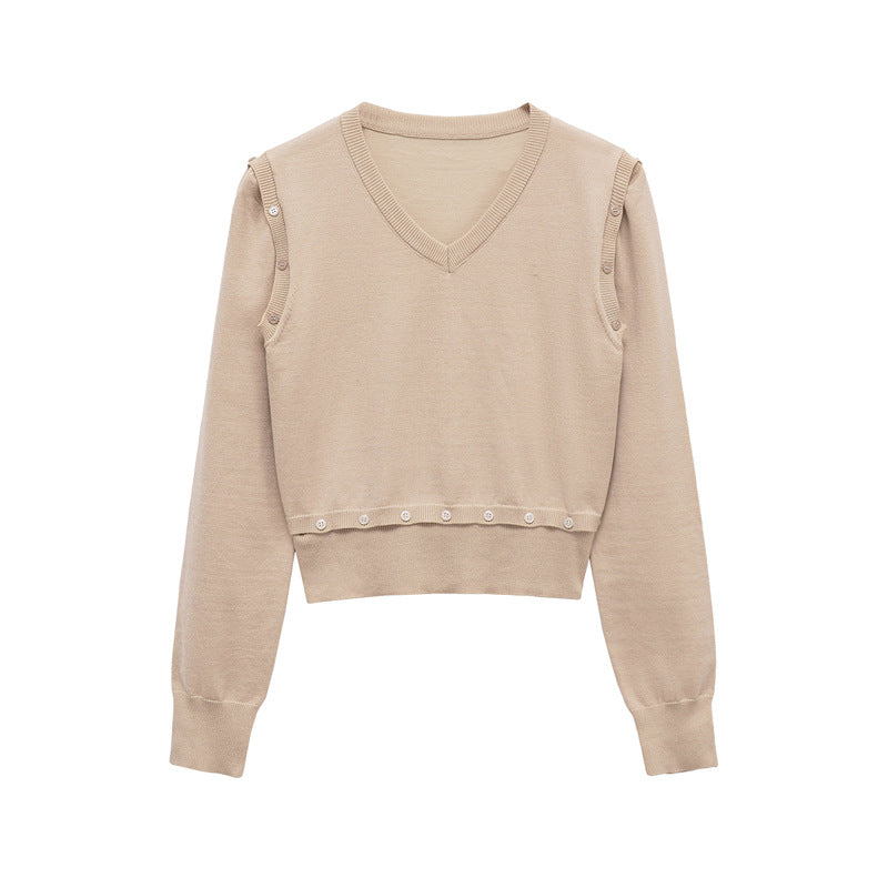 Damen Strickpullover mit V-Ausschnitt und dekorativen Knöpfen WW