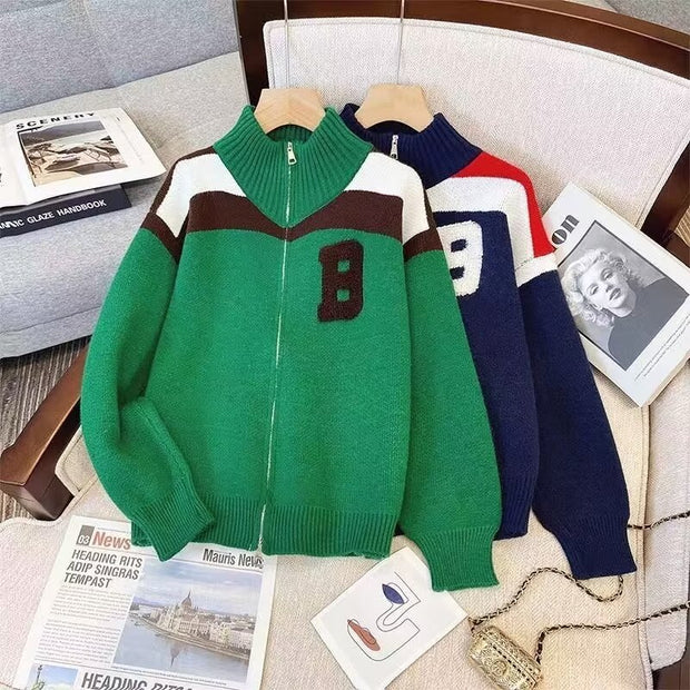 Damen Sportlicher Stehkragen-Strickpullover mit Reißverschluss und kontrastierenden Details WW