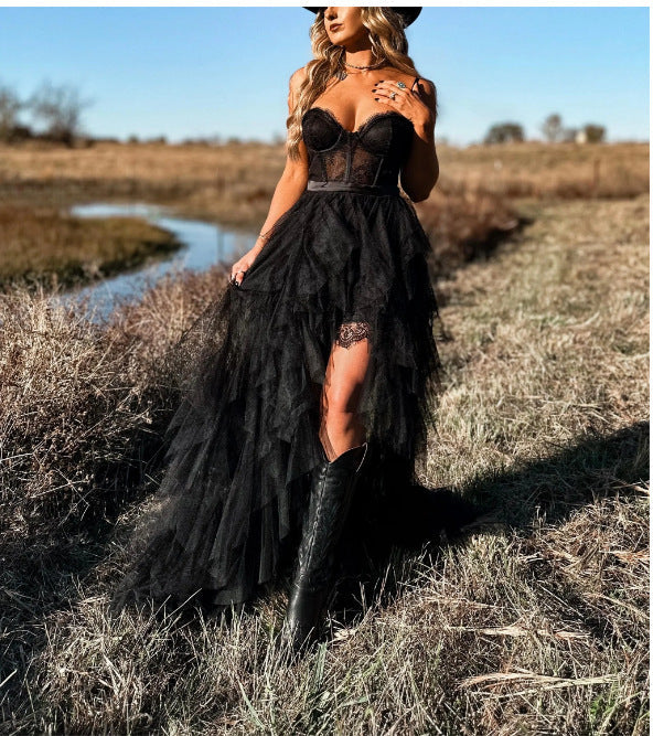 WW | Strapazierfähiges Fischgrät-Mesh-Lace Pure Desire Maxi-Kleid