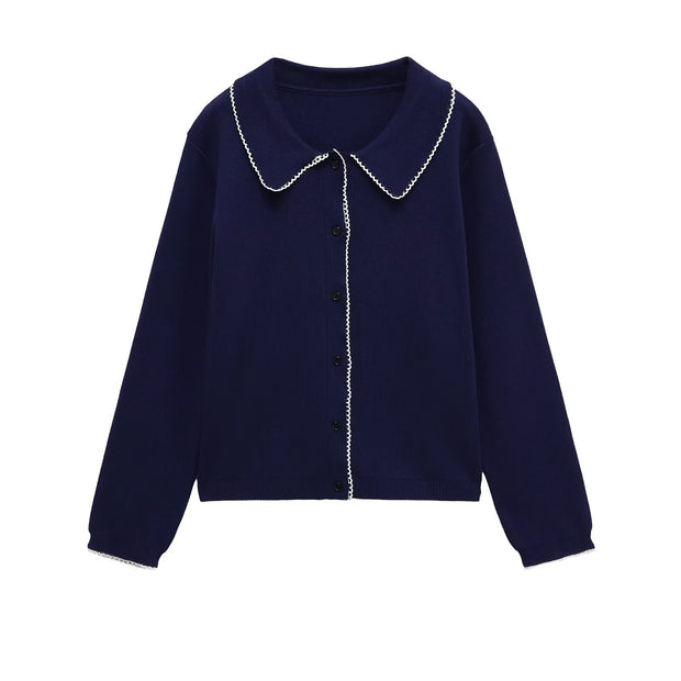 Damen Strickjacke mit dekorativem Kragen und Knopfverschluss WW