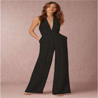 Damen eleganter Jumpsuit mit tiefem V-Ausschnitt und weitem Bein WW