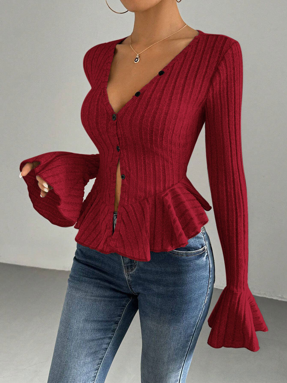 Damen Strickoberteil mit raffiniertem Kellerfalten-Design und Knopfleiste WW