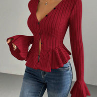 Damen Strickoberteil mit raffiniertem Kellerfalten-Design und Knopfleiste WW