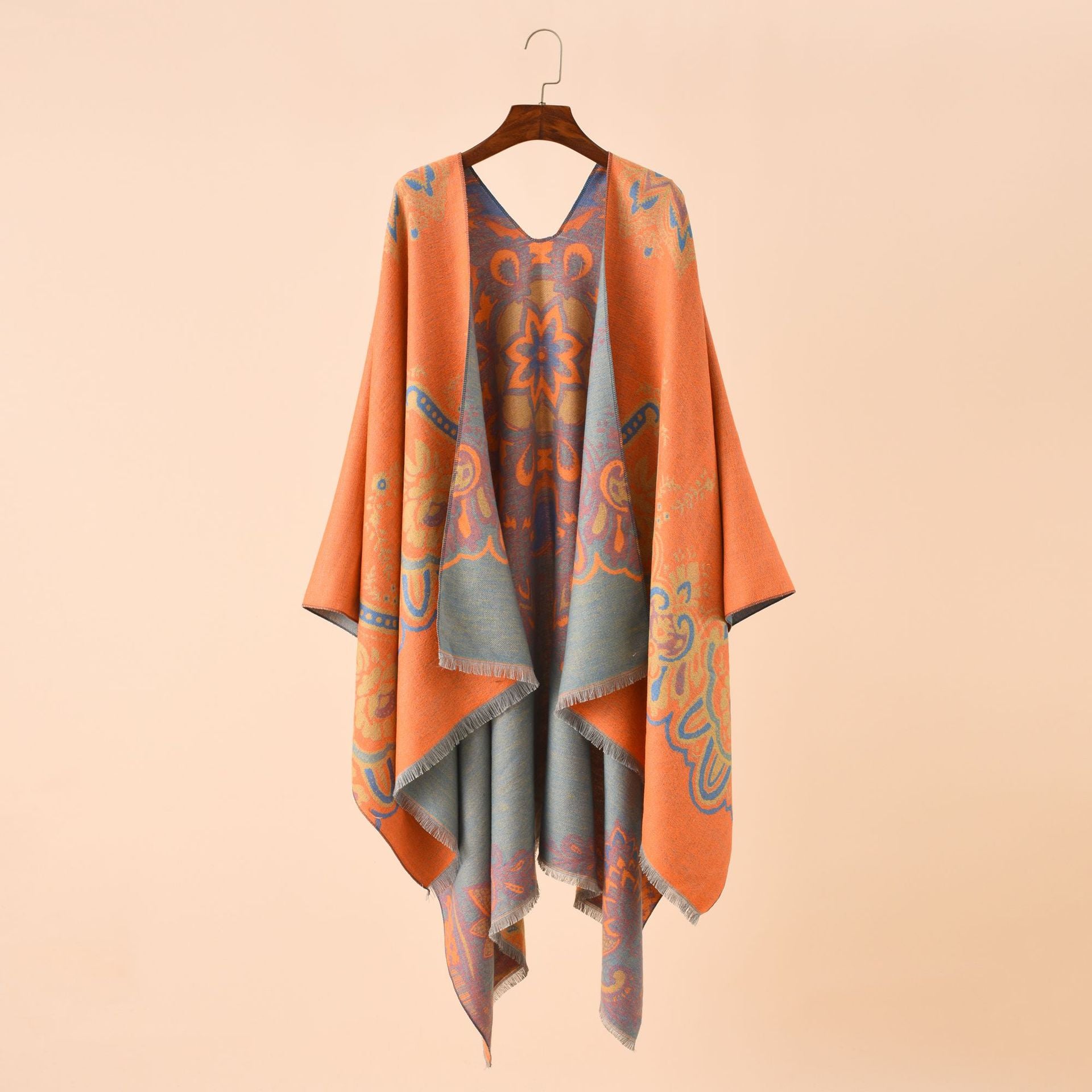 Damen Eleganter Kimono-Poncho mit kunstvollem Muster und fransigen Kanten WW