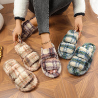 Damen bequeme Hausschuhe aus flauschigem Material mit doppeltem Riemen WW