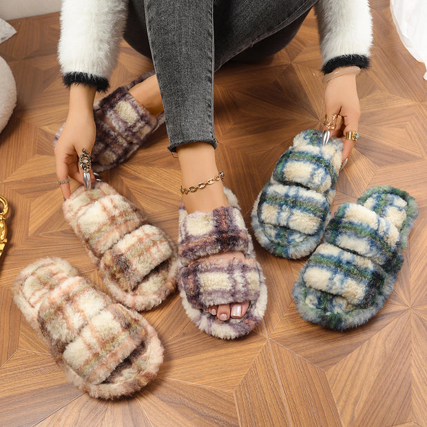 Damen bequeme Hausschuhe aus flauschigem Material mit doppeltem Riemen WW
