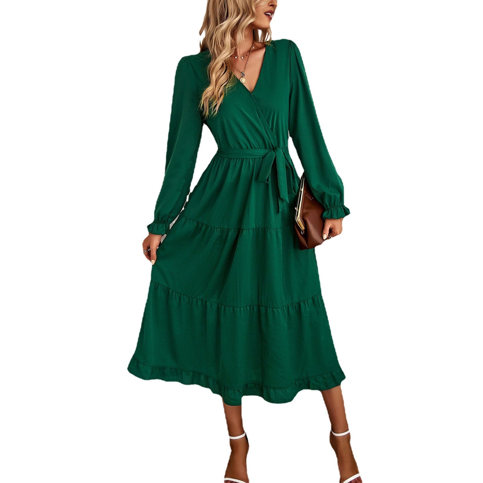 Damen Wickelkleid mit Rüschendetails und eleganten Puffärmeln WW