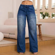 Damen weite Denim-Hose mit elastischem Bund und seitlichen Taschen WW