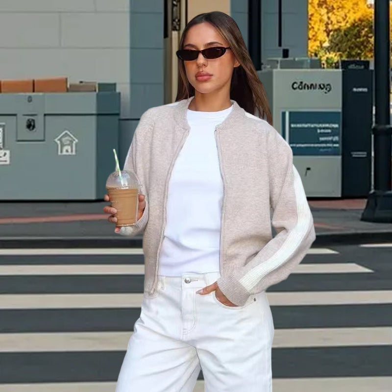 Damen sportlicher Strickpullover mit modischem Streifenmuster WW