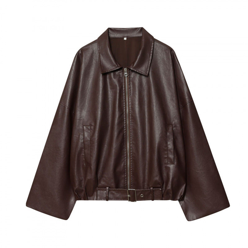 Damen modische Kunstlederjacke mit breiten Ärmeln und praktischen Taschen WW