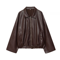 Damen modische Kunstlederjacke mit breiten Ärmeln und praktischen Taschen WW