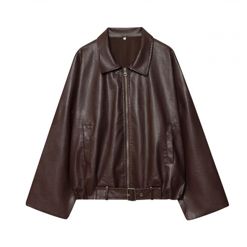 Damen modische Kunstlederjacke mit breiten Ärmeln und praktischen Taschen WW