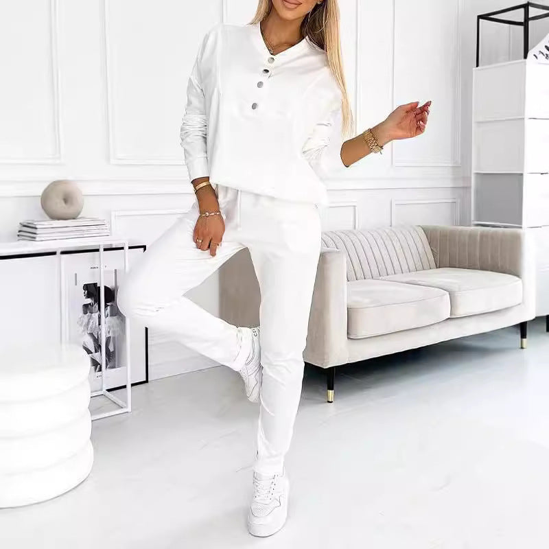 Damen Bequemes Freizeitanzug Set mit Knopfdetails WW