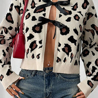Damen Stilvolle Leopardenstrickjacke mit Bindebändern WW