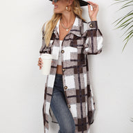 Damen Karomuster Longbluse mit Knopfverschluss und Seitentaschen WW