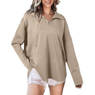 Damen lässiger Oversized Pullover mit halben Reißverschluss und Seitentaschen WW