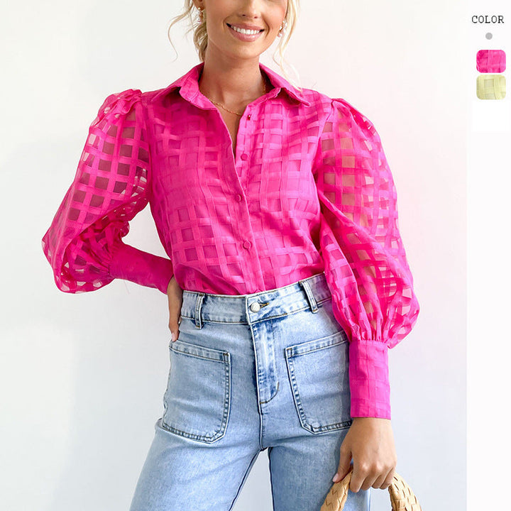 Damen Kariertes Hemd mit transparenten Puffärmeln W&W Mode