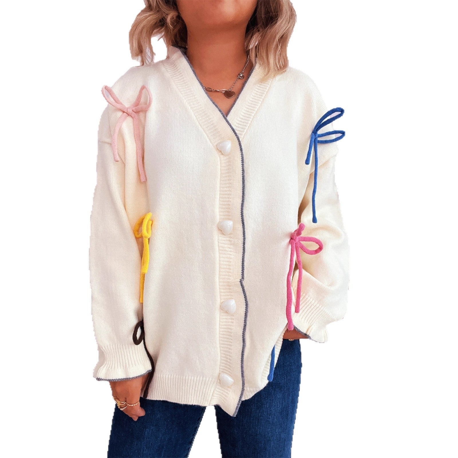 Damen Strickjacke mit bunten Schleifendetails WW