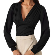 Damen Bodysuit mit eleganten Puffärmeln und tiefem V-Ausschnitt W&W