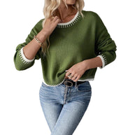 Damen Bequemer Strickpullover mit modischem Rundhalsausschnitt und farblich abgesetzten Details WW