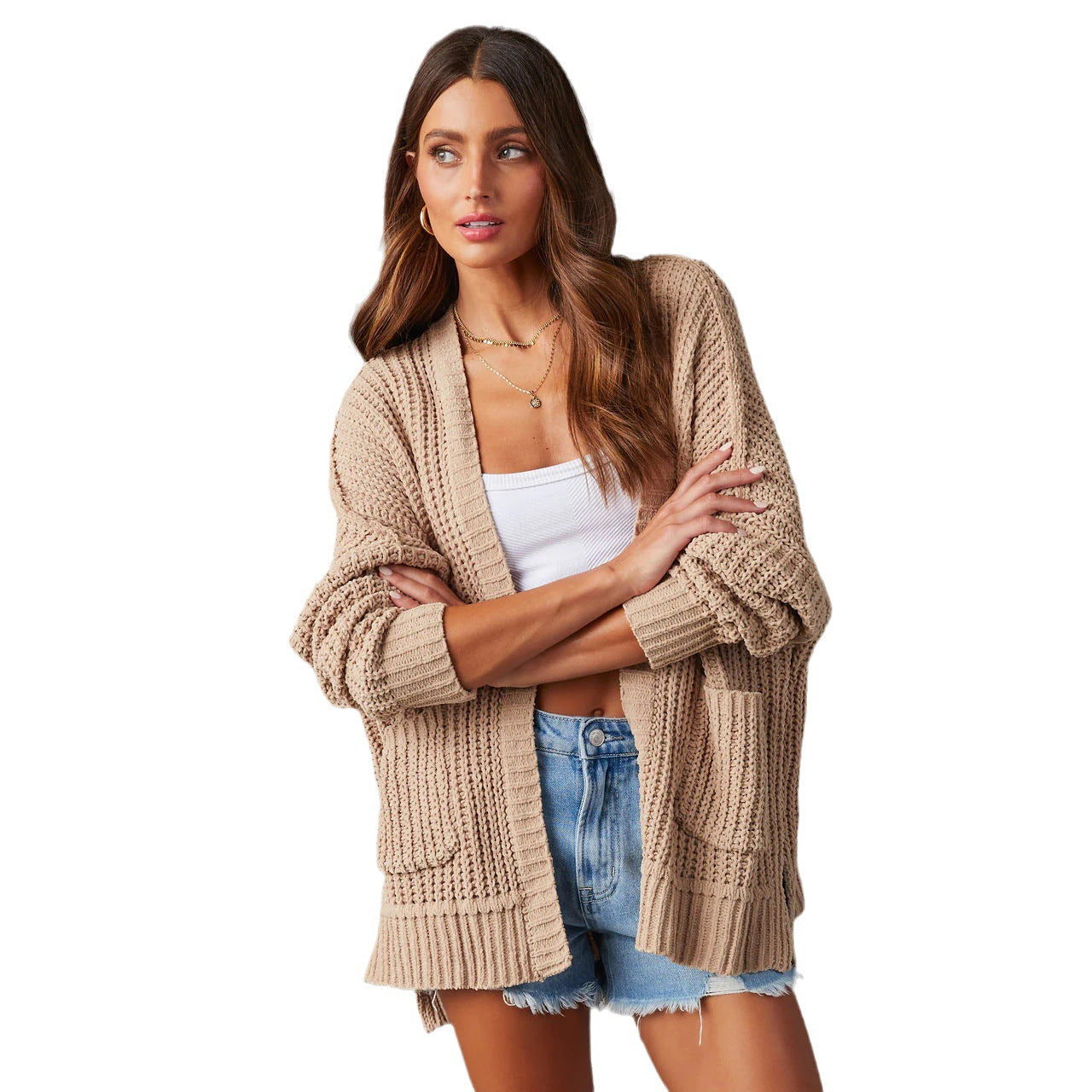 Damen Relaxed Strickjacke mit Taschen und offener Front WW