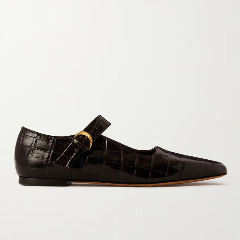 Damen Elegante Spitz-Zehen Knöchelriemen Ballerinas mit goldener Schnalle WW