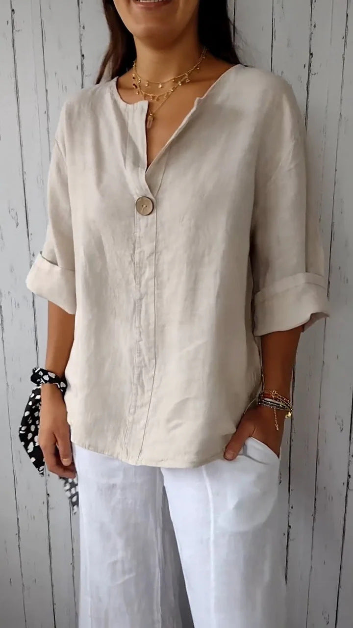 Damen Leichte Leinenbluse mit Knopfdetail und aufrollbaren Ärmeln W&W Mode