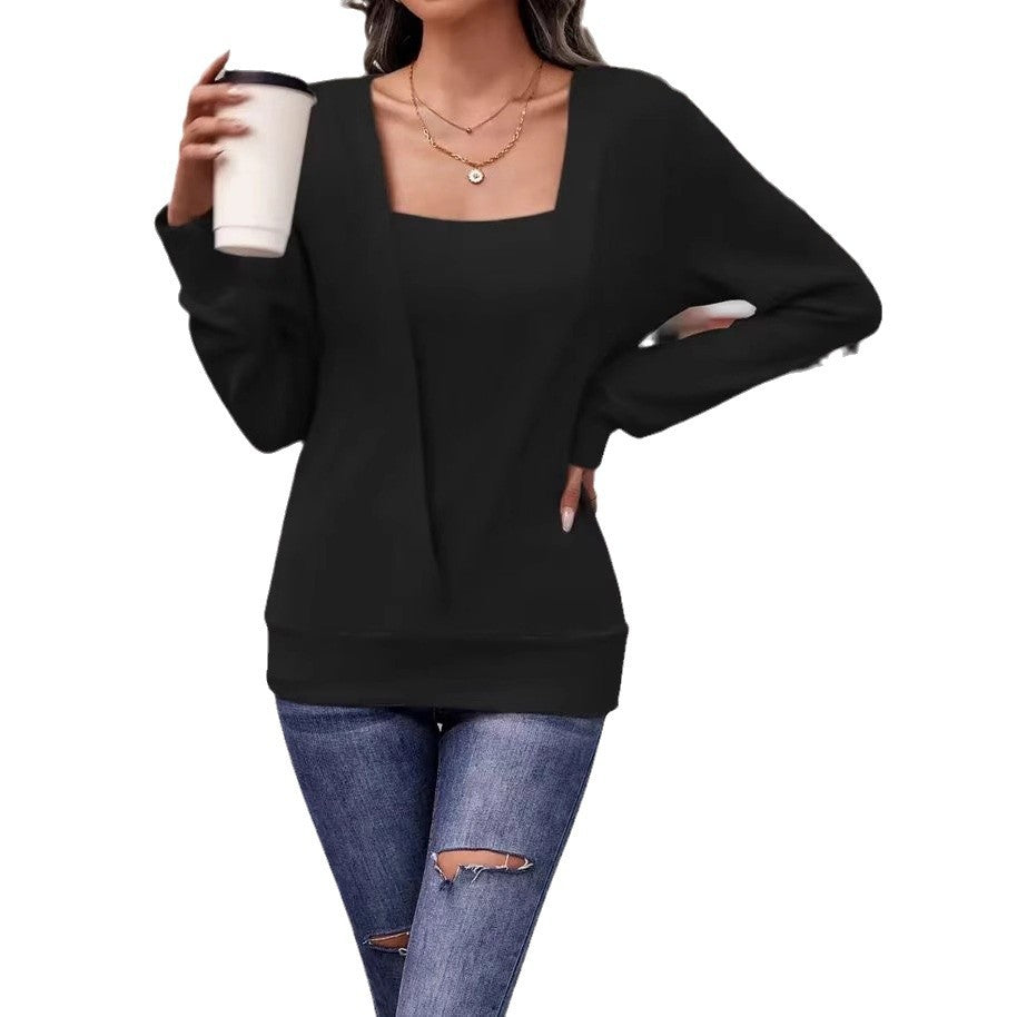 W&W Mode | Einfarbiger Quadrat-Hals-Pullover Locker Langarm Sweatshirt Tee