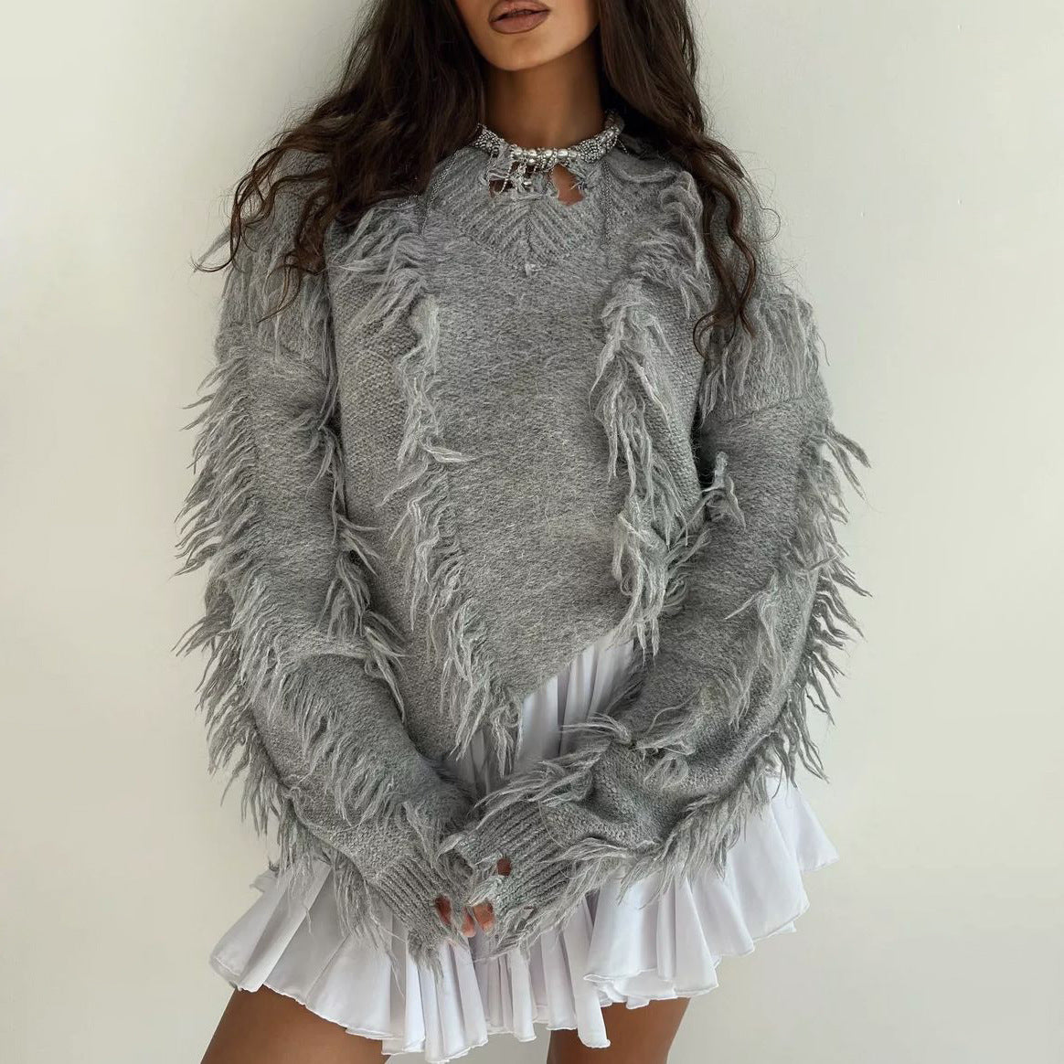 Damen Strickpullover mit lässigem Fransen-Design WW