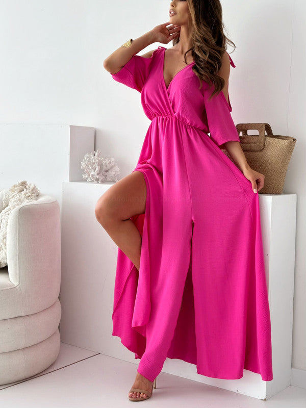 W&W Mode | Satin-Träger-Spitzen-V-Ausschnitt-Langes Kleid