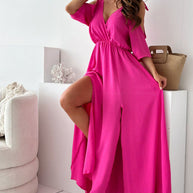 WW | Satin-Träger-Spitzen-V-Ausschnitt-Langes Kleid