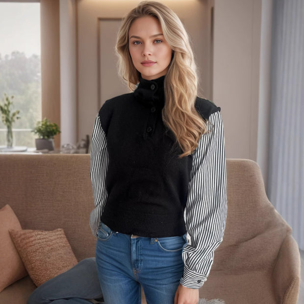 Damen Strickpullover mit modernem Kragen und eleganten gestreiften Ärmeln WW