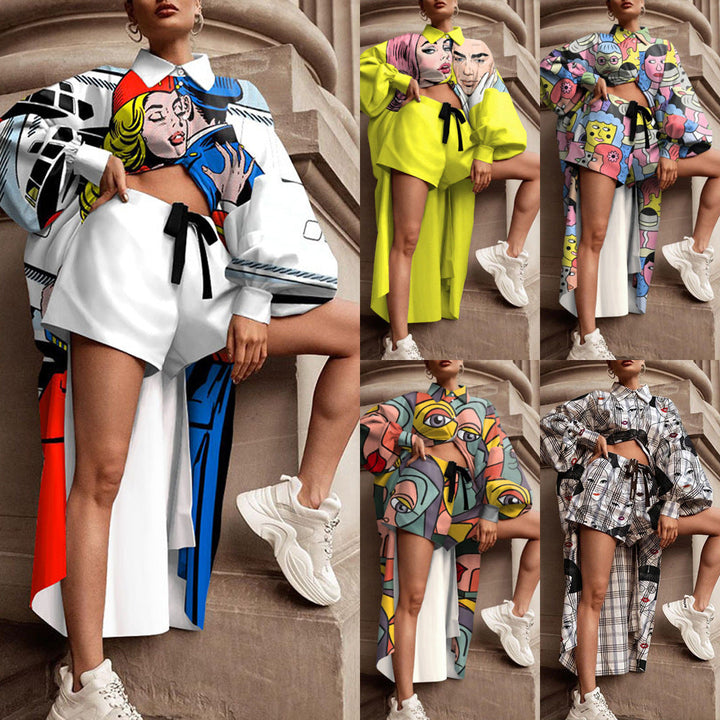 Damen Oversized Hemd mit grafischem Print und kurzer Hosenkombination W&W Mode