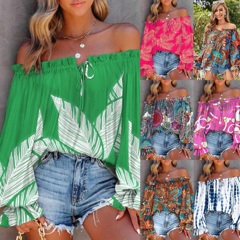 Damen Off-Shoulder Bluse mit buntem Muster und elastischem Saum WW