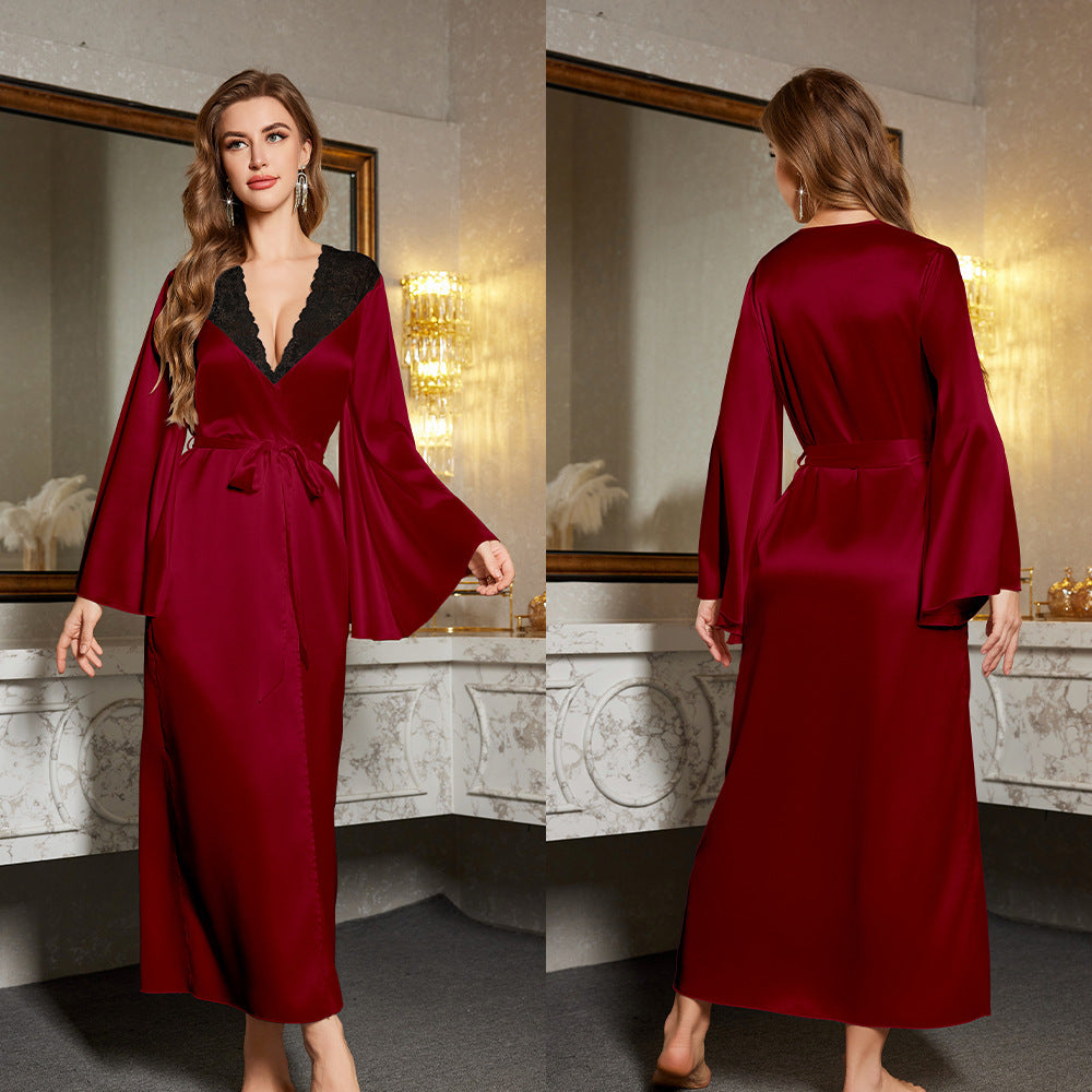 Damen Satin Kimono-Robe mit eleganten Spitzenverzierungen und weitem Schnitt WW