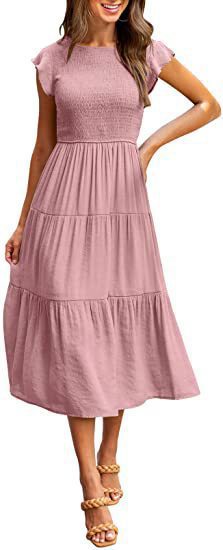 Damen Midi-Kleid mit elastischem Oberteil und voluminösem Saum WW