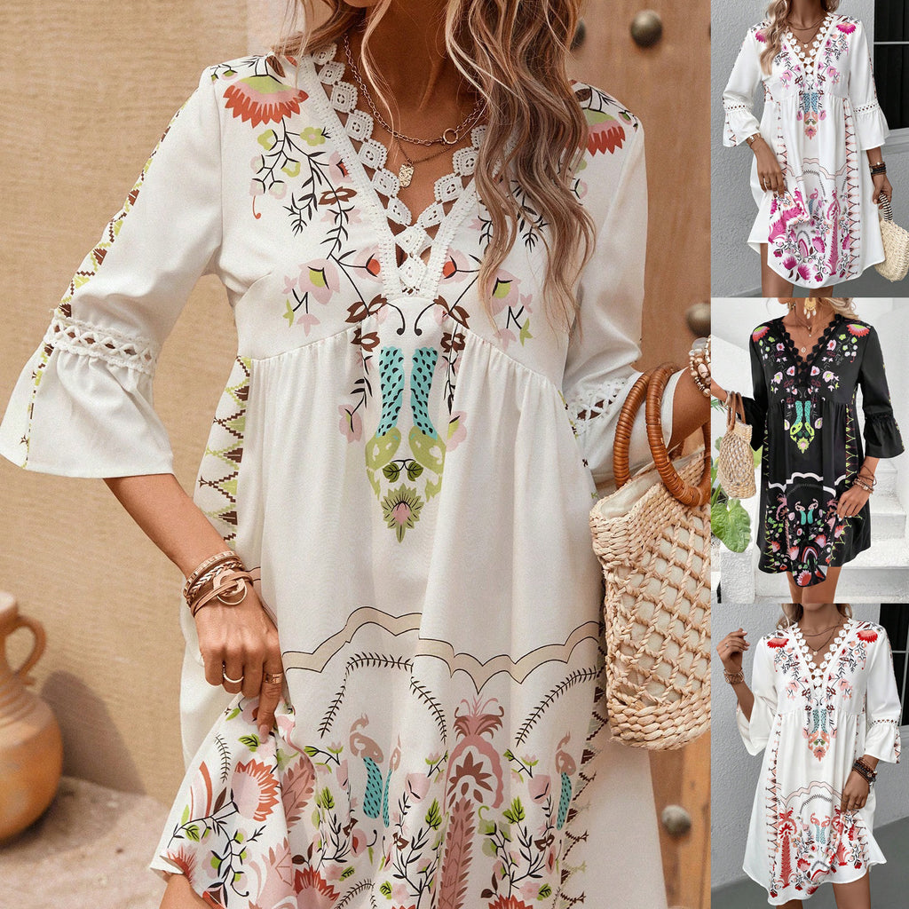 Damen Boho-inspiriertes Kleid mit verspielten Stickdetails und weich fließendem Schnitt WW