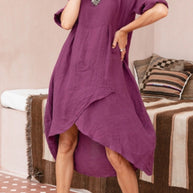 Damen asymmetrisches Sommerkleid aus Leinen mit gerafftem Saum WW
