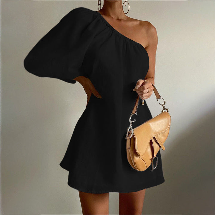 Damen Charmantes Ein-Schulter Kleid mit voluminösen Ärmeln und elastischem Bund W&W Mode