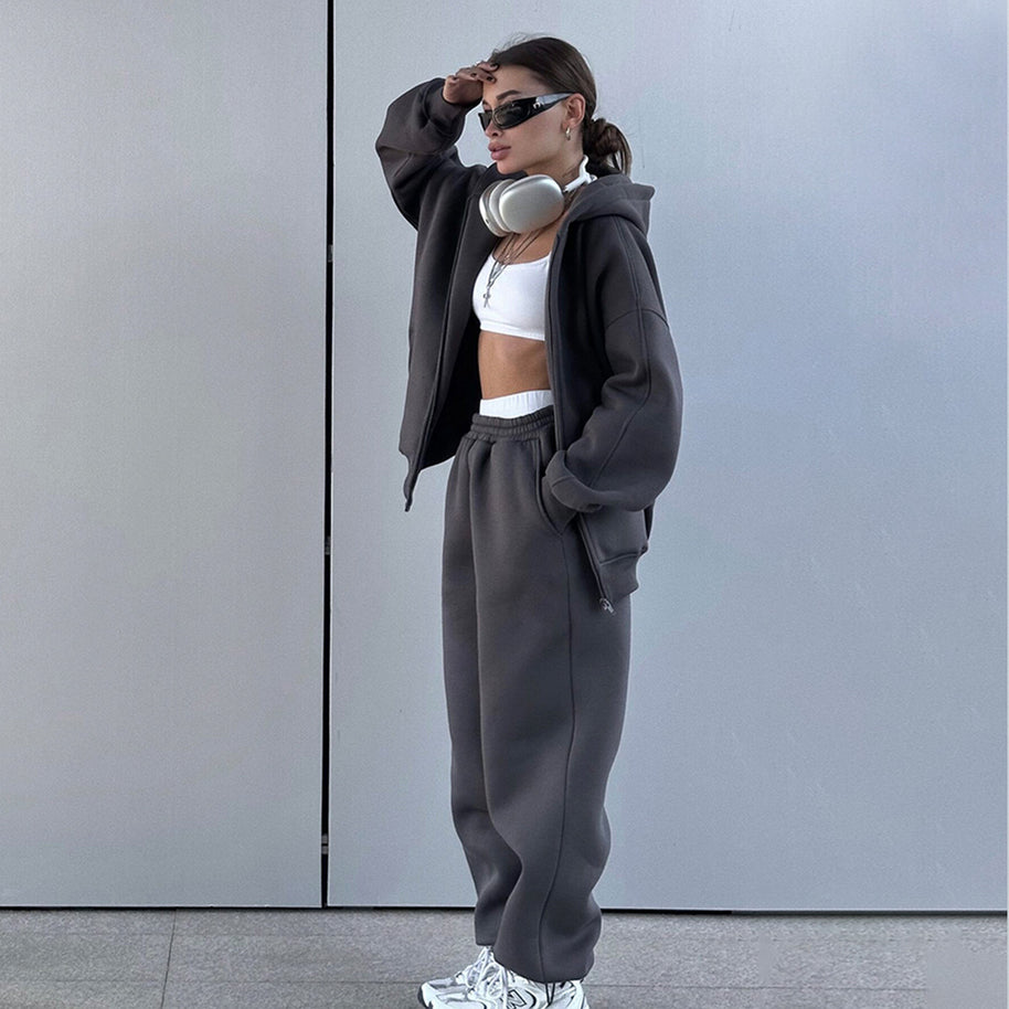 Damen Bequemes Fleece-Hausanzug-Set mit Hoodie und elastischem Bund WW