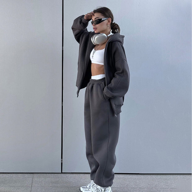 Damen Bequemes Fleece-Hausanzug-Set mit Hoodie und elastischem Bund WW