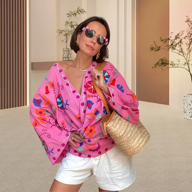 Damen Strandkimono mit buntem Blumenmuster und lässigem Schnitt WW